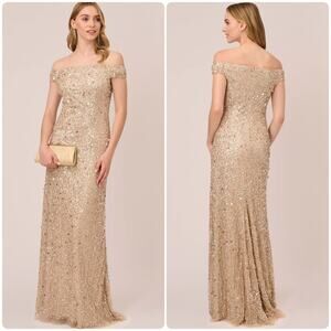 NWT Adrianna Papell Off The Shoulder Sequin Beaded Gown Dress in Champaign Sz 8